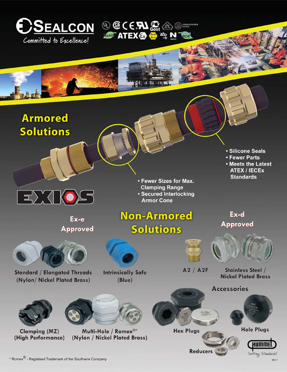 EXIOS Explosion Proof Cable Glands Flyer, Liquid Tight, Strain Relief, Strain Reliefs, Strain Relief Fittings, Strain Relief Bushings, Cord Grip, Cord Grips, Cable Gland, Cable Glands, Front Cover, Introduction, Specs, Other Products, Hazardous Location, Explosion Proof, IECEx, ATEX, Ex-d, Ex d, Exd, Ex-e, Ex e, Exe, IP 68, IP 68 5 bar, 5 bar, EN 60529, Halogen-Free, Halogen Free, HalogenFree, Phosphorous-Free, Phosphorous Free, PhosphorousFree, Silicone Seals, O-Rings, O Rings, ORings, Sealcon, Hummel